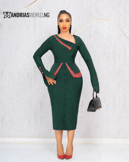 GREEN BUTTON DRESS WITH RED CHECK DETAILS